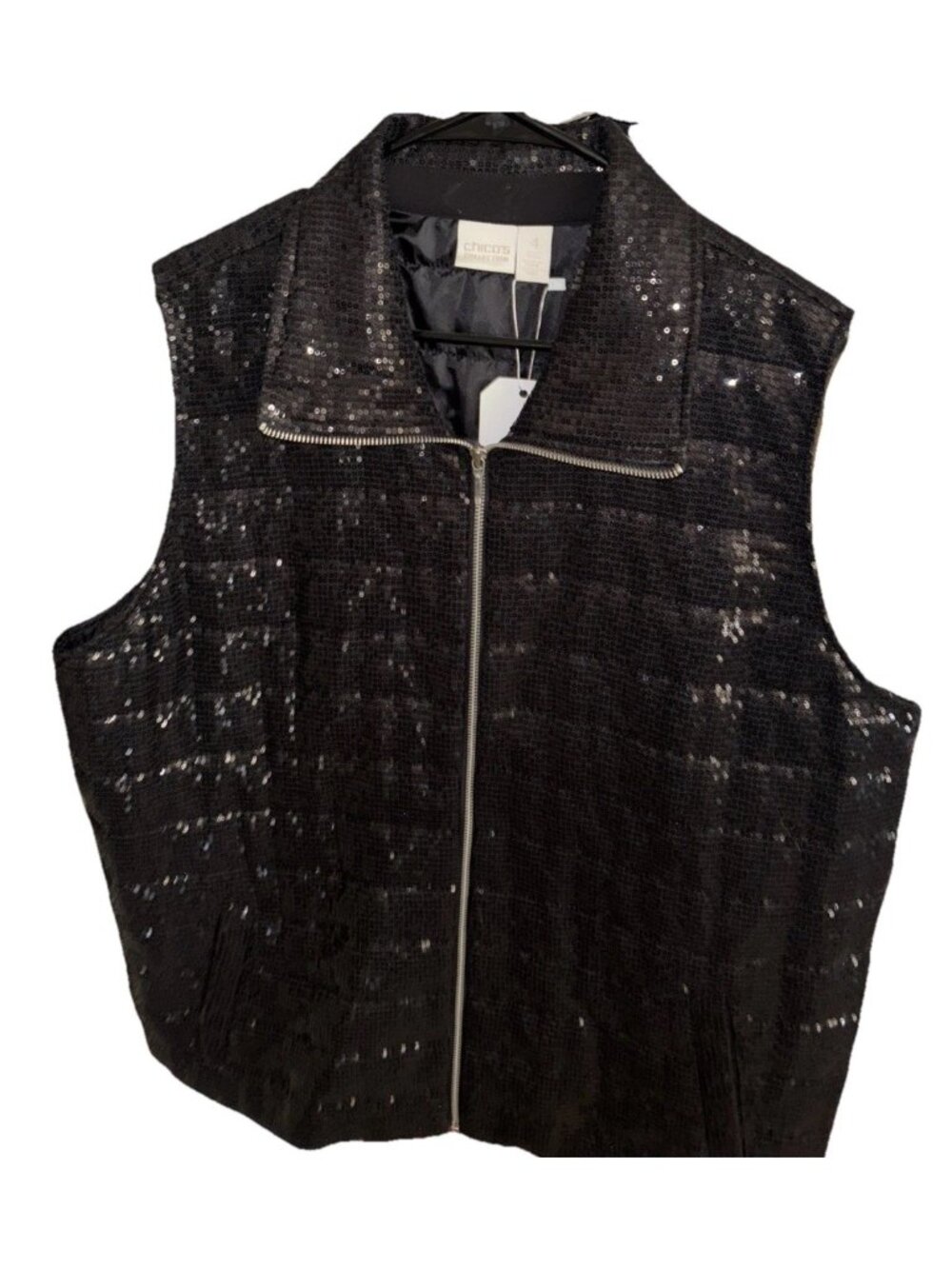 NWOT Women's CHICO'S Black Glitter Sequin Full Zip Fashion Vest Sz 4 20/22